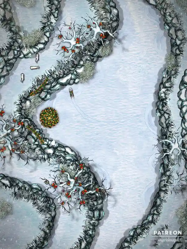 An overhead fantasy map depicts a snowy, icy landscape with jagged, crystalline rock formations and bare trees decorated…