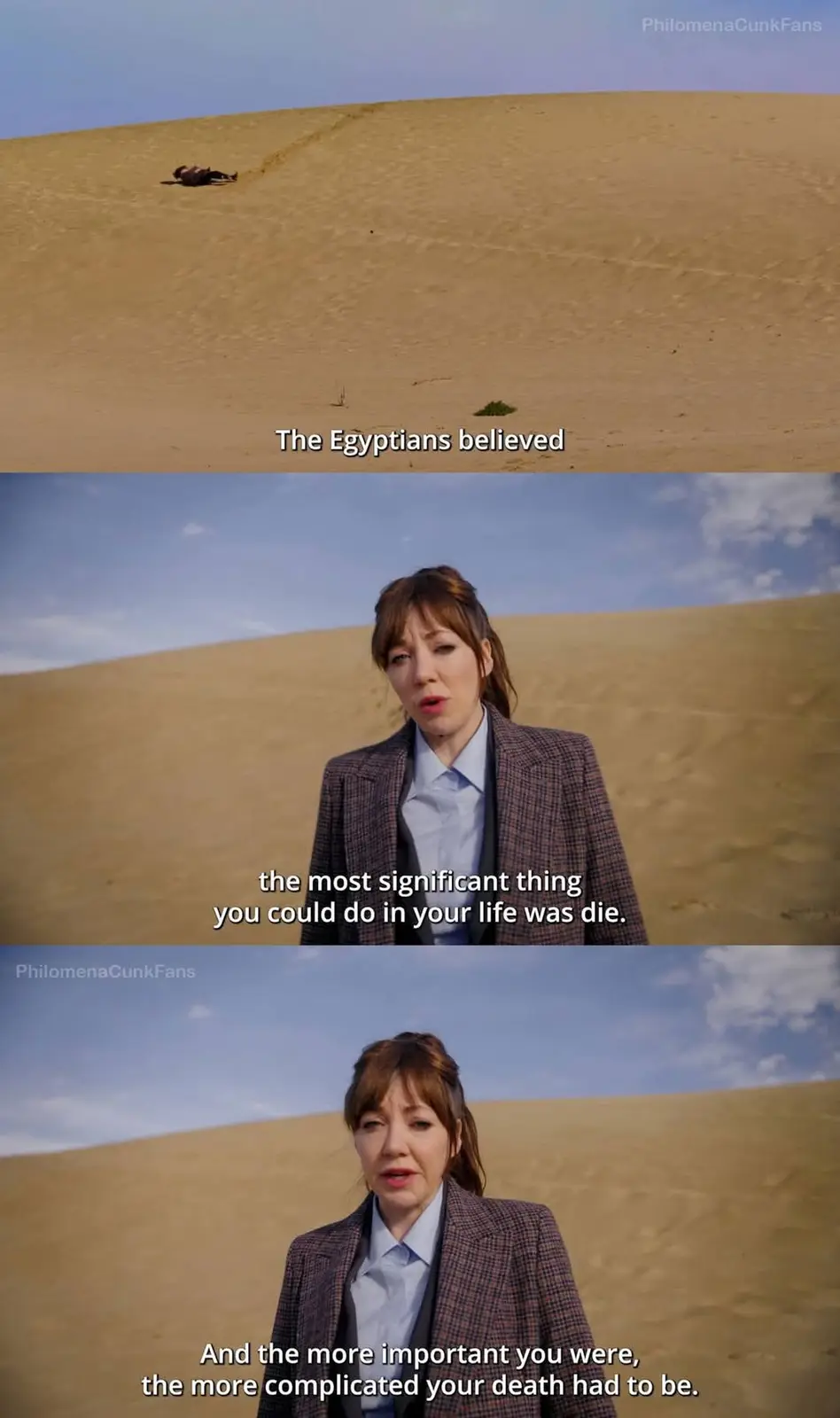 A three-panel meme featuring a woman in a plaid blazer standing in a desert, with text overlaid that reads: 'The Egyptians…