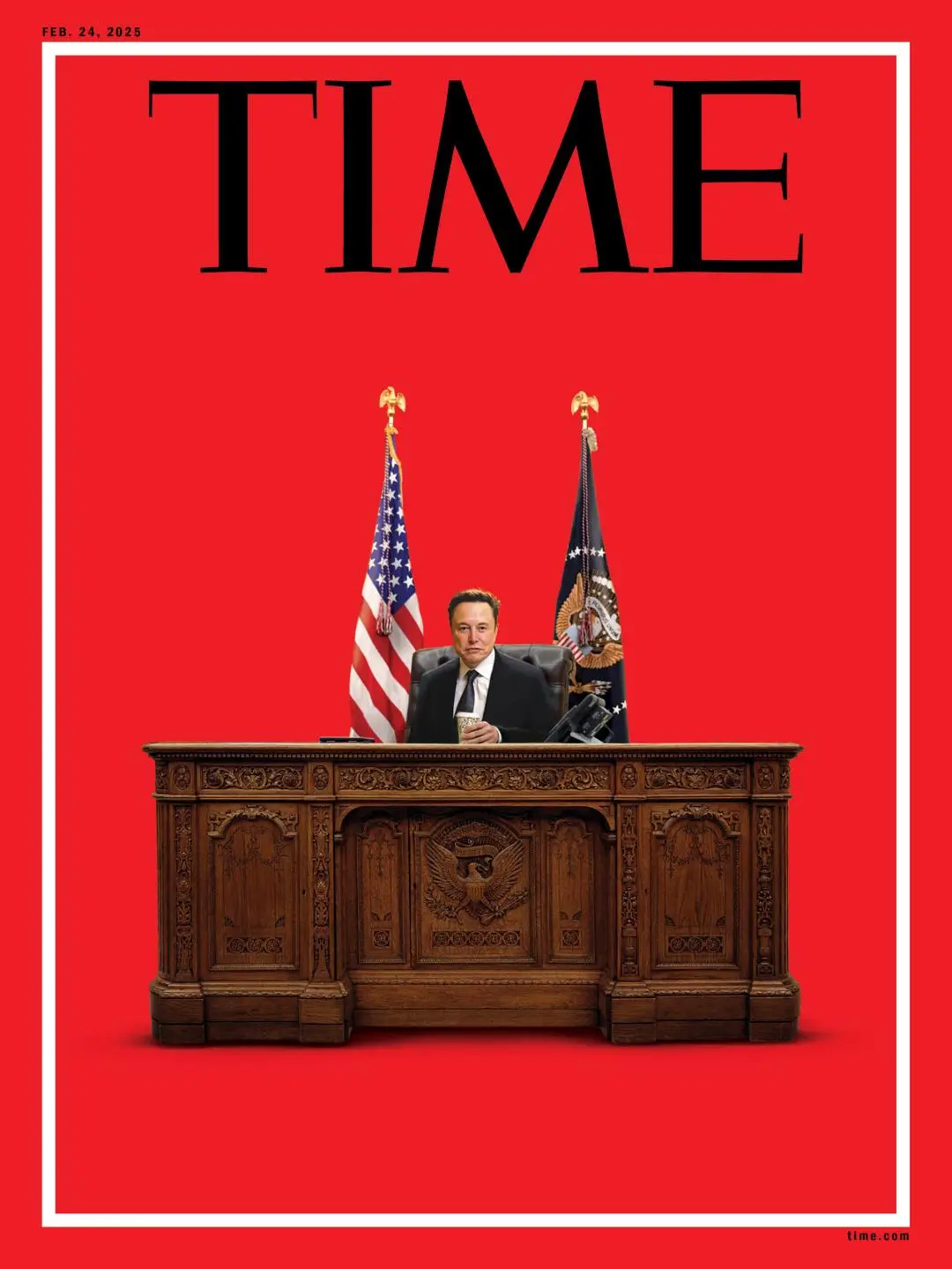 A digitally altered image mimicking a TIME magazine cover dated Feb. 24, 2025, shows elon musk sitting at a presidential…