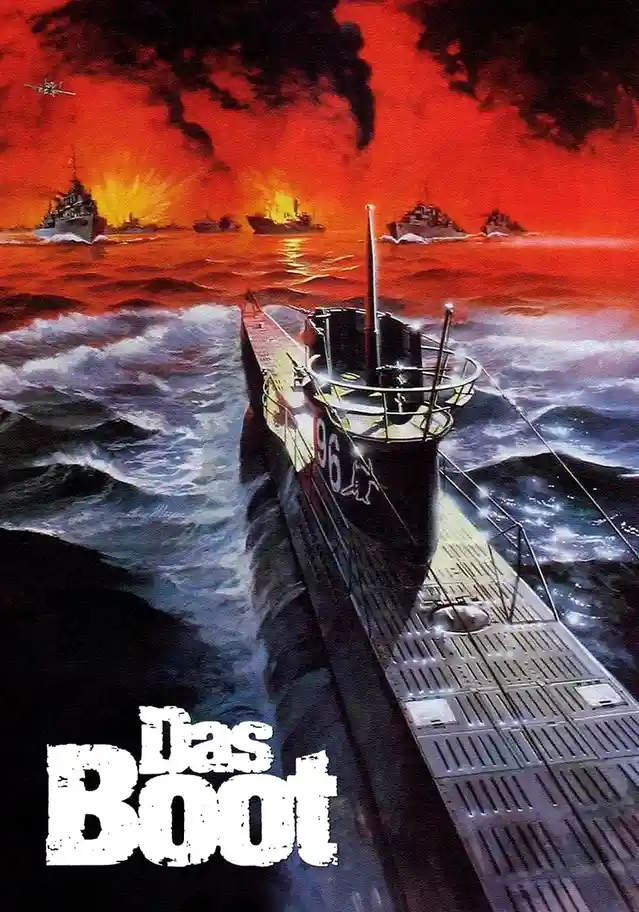 A dramatic movie poster for 'Das Boot' shows a German U-boat surfacing in turbulent waters under a fiery red-orange sky…