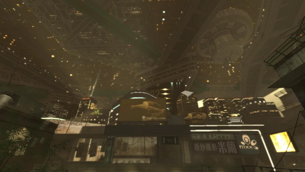 A screenshot from a video game depicts a dense, futuristic cityscape with towering buildings, neon signs in Chinese…