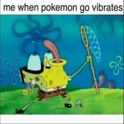SpongeBob SquarePants is shown in a frantic, exaggerated running pose, holding a fishing net, with his eyes bulging and…
