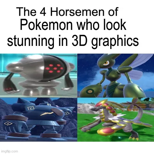 The image displays four Pokémon characters arranged in a 2x2 grid, each shown in 3D graphics. Top left is a metallic…