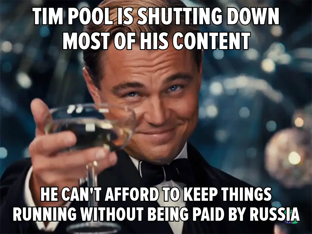 A man in a tuxedo holding a glass of champagne smiles smugly at the camera. White bold text overlays the image, stating 'TIM…