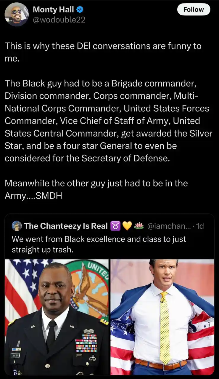 A screenshot of a tweet by Monty Hall criticizing DEI conversations, juxtaposing a photo of a Black four-star general in…