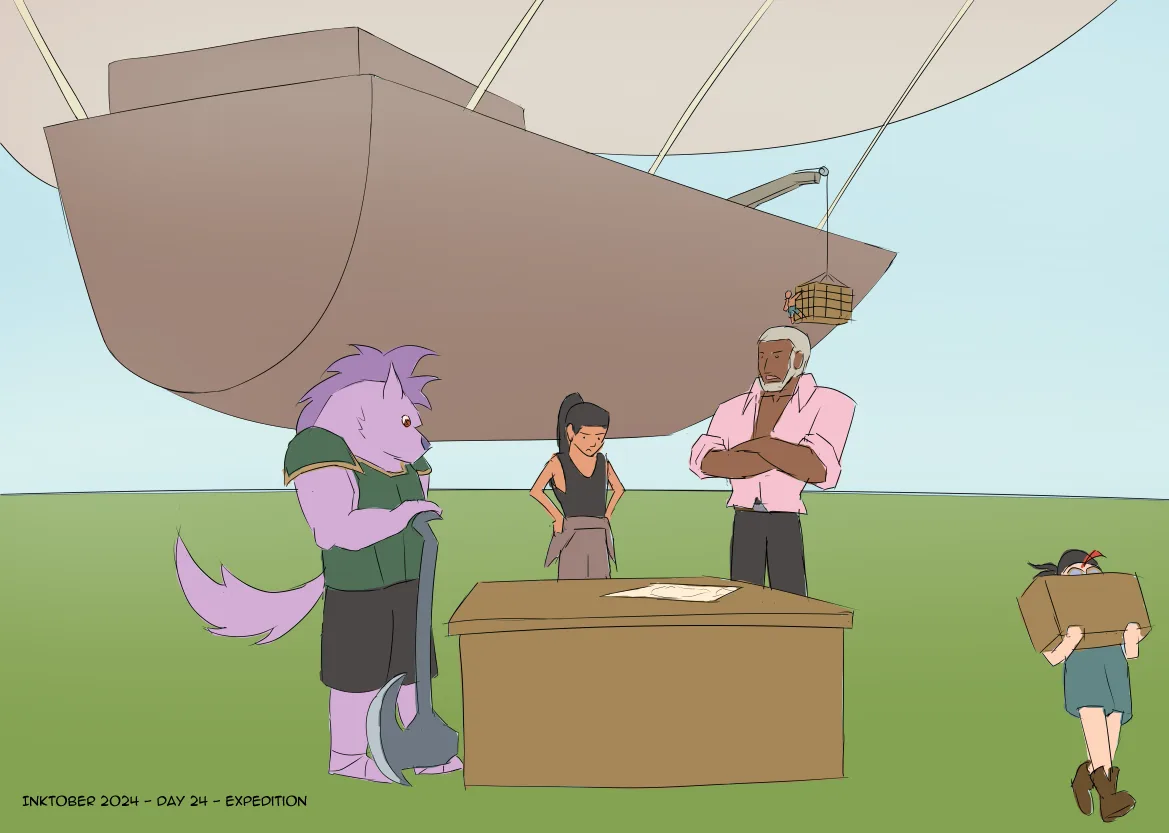 A cartoon drawing shows three people at a desk under a giant ship's hull. A purple wolf-like creature holds a large axe, a…