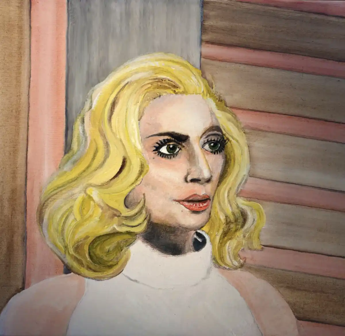 A painted portrait of a woman with blonde curls and green eyes, wearing a white top, set against a wooden background. The…