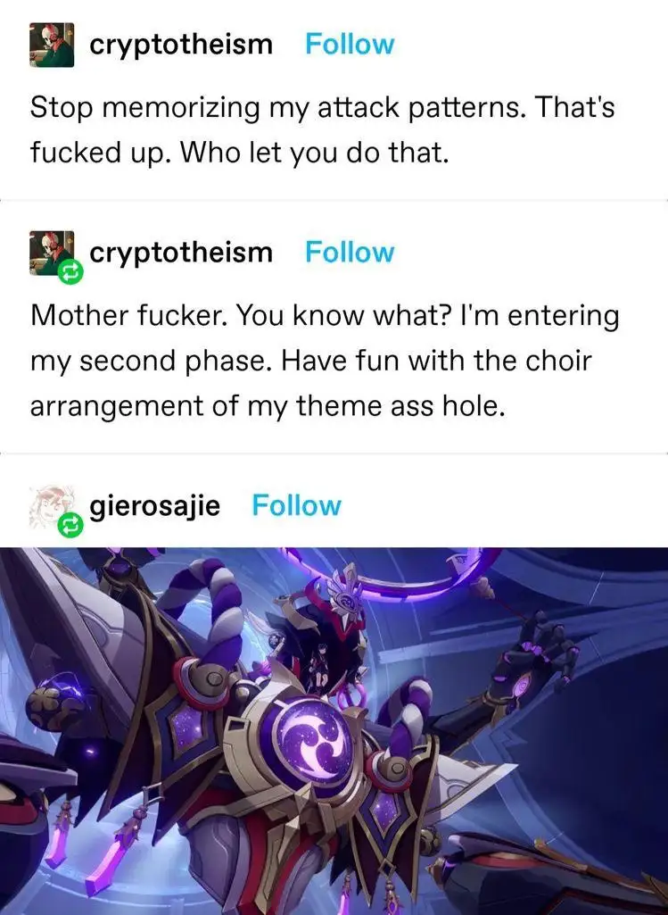 The image displays a screenshot of a social media thread featuring two posts from user 'cryptotheism' with angry, profane…