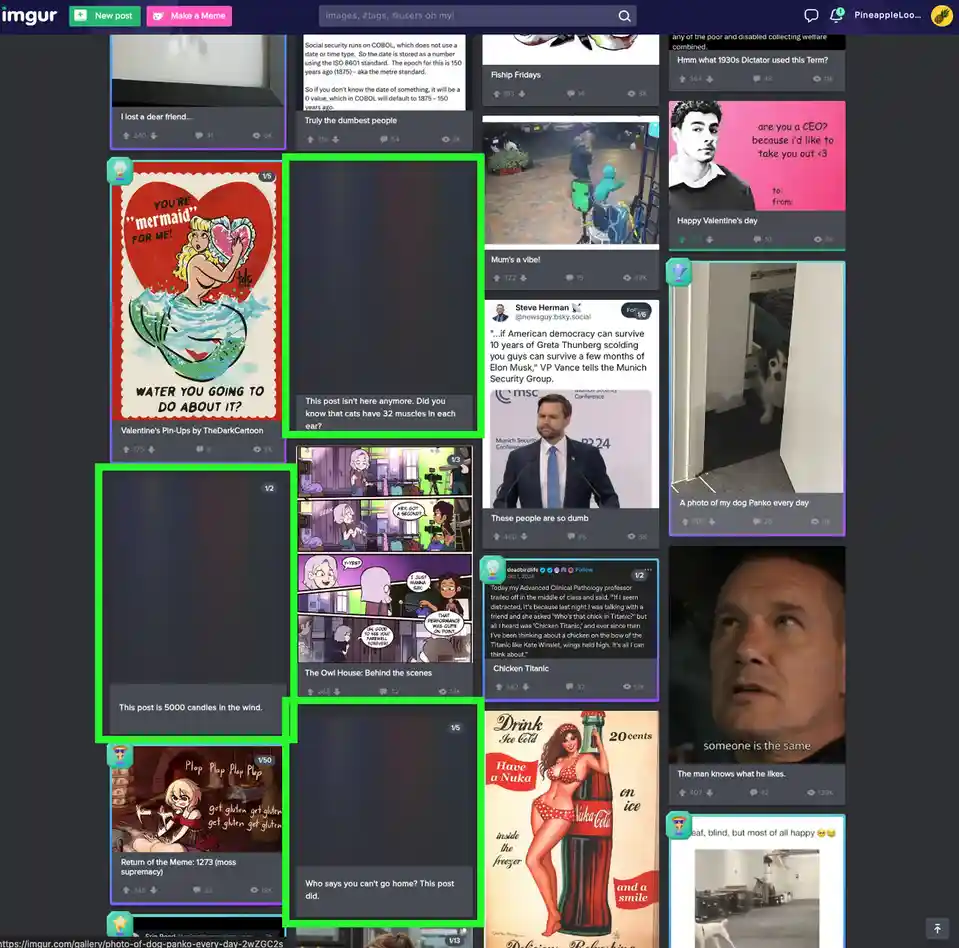 A screenshot of an Imgur gallery page showing multiple user-uploaded memes. One highlighted post is a black box with white…