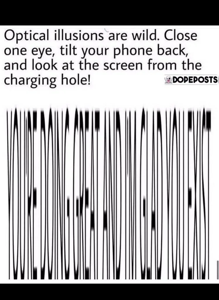 The image displays a black-and-white optical illusion with vertically stretched, distorted text that reads 'YOU'RE DOING…
