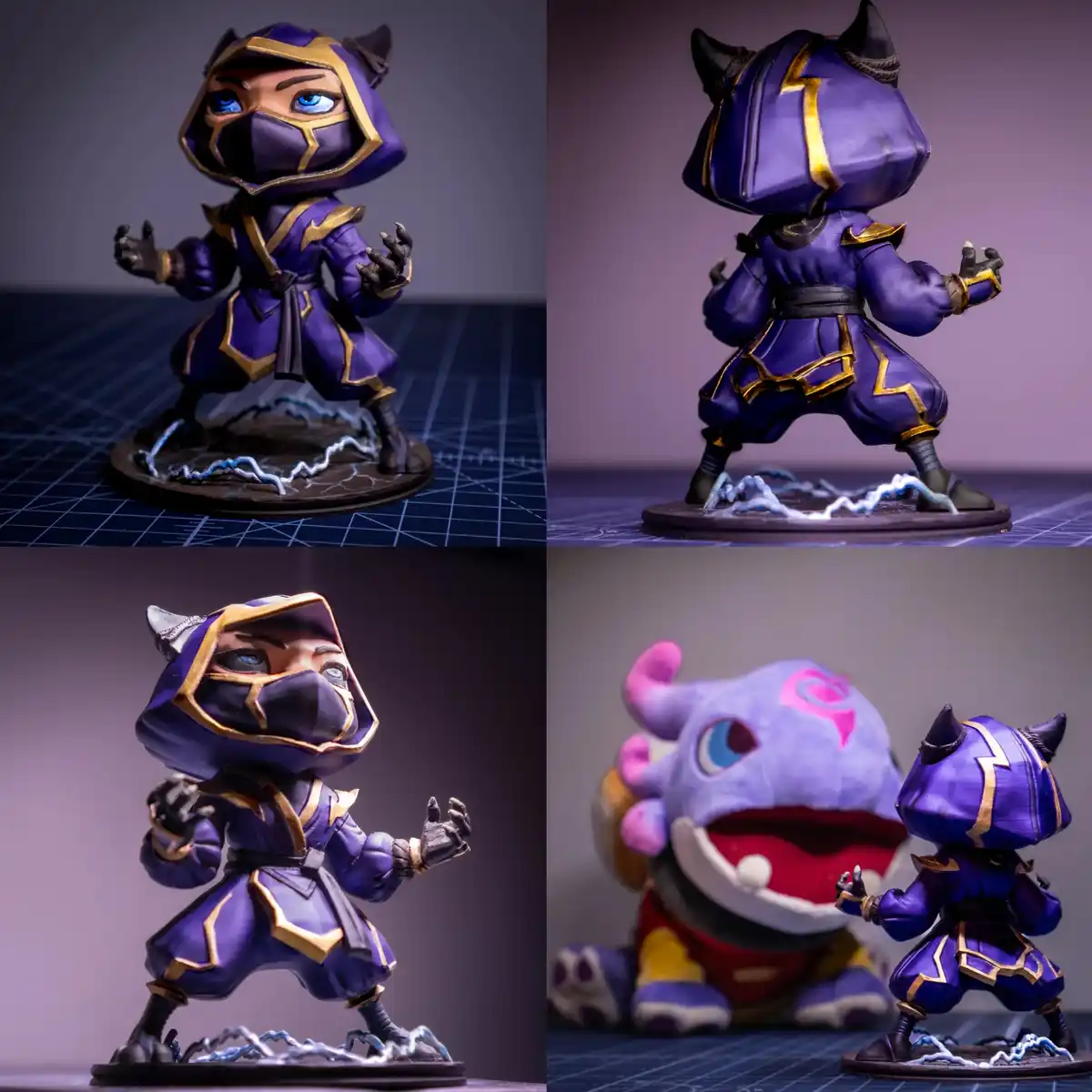 A four-panel image collage shows a purple and gold chibi-style figurine of the League of Legends character Zed, posed in a…