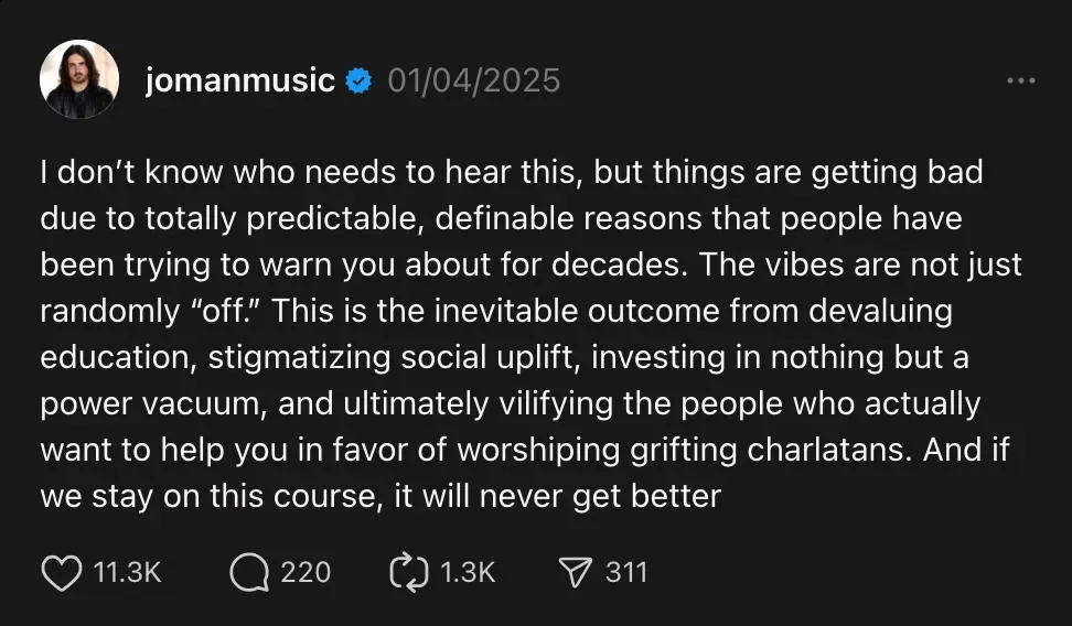 A screenshot of a social media post by 'jomanmusic' dated 01/04/2025, featuring a block of white text on a dark background…