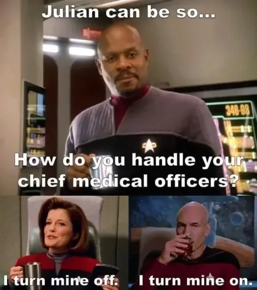 The image is a three-panel meme from Star Trek: The Next Generation. The top panel shows Julian Bashir in a grey Starfleet…