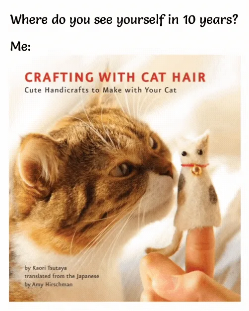 The image shows the cover of a book titled 'CRAFTING WITH CAT HAIR: Cute Handicrafts to Make with Your Cat' by Kaori Tsutaya…