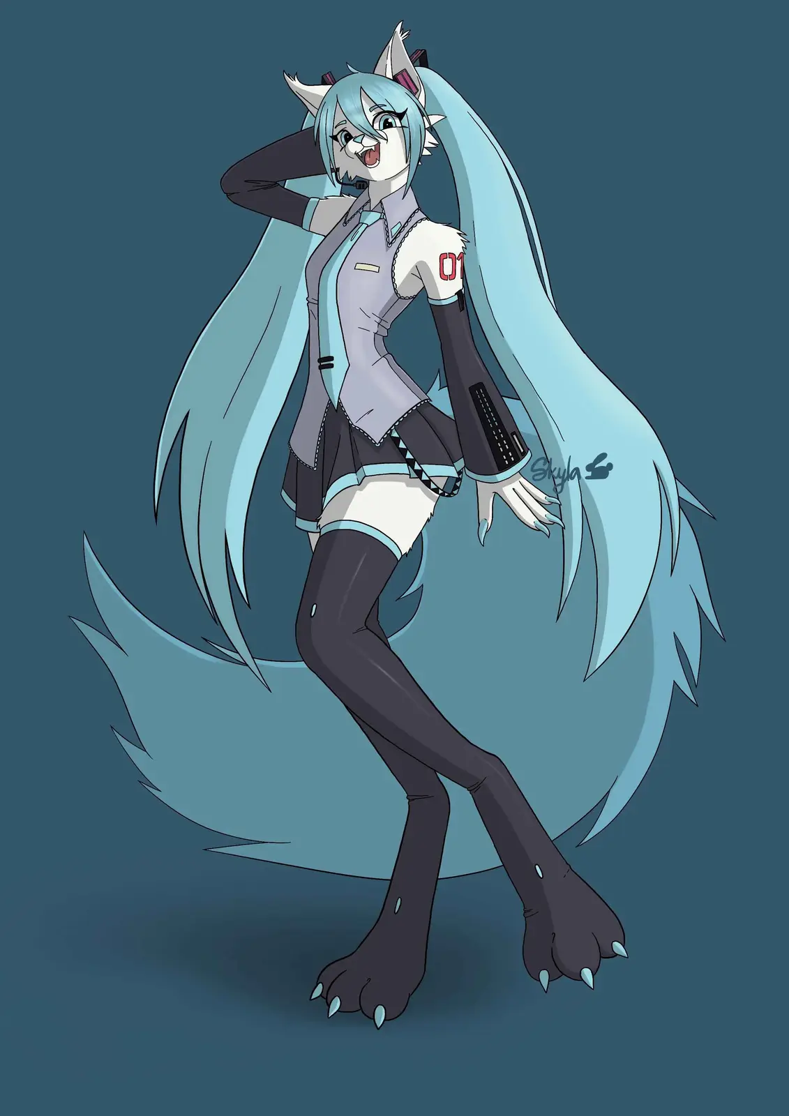 An anime-style anthropomorphic cat girl with long light blue hair, cat ears, and a fluffy tail, wearing a school uniform…