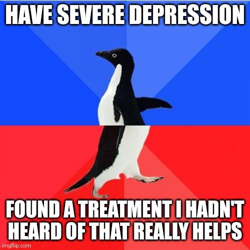 A black-and-white penguin walks across a blue-and-red background. The top text reads 'HAVE SEVERE DEPRESSION' and the bottom…