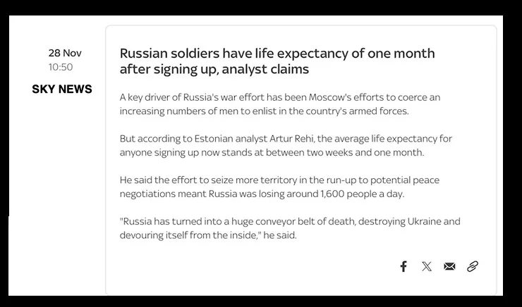 A screenshot of a Sky News article dated 28 Nov, 10:50, with the headline 'Russian soldiers have life expectancy of one…