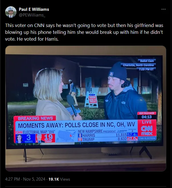 A screenshot of a CNN election broadcast showing a male voter in a dark beanie and jacket being interviewed by a blonde…