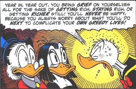 A comic panel featuring Donald Duck looking stressed and sweating profusely while two other ducks look on. The text overlaid…