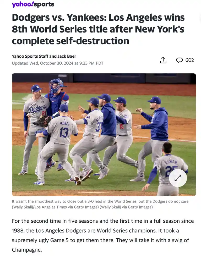 A screenshot of a Yahoo Sports article featuring a photo of Los Angeles Dodgers baseball players celebrating on a field. The…