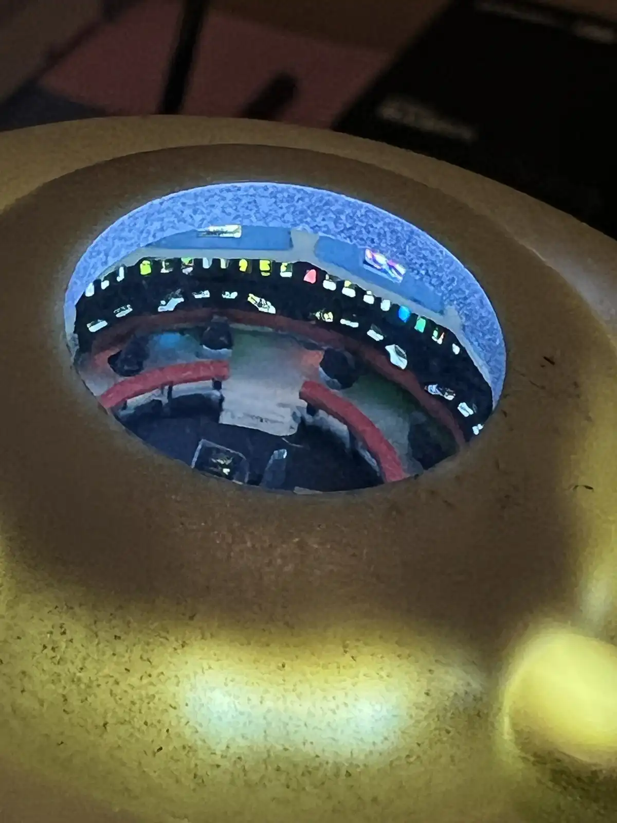 A close-up shot looking down into a circular opening in a beige, textured surface, revealing a dimly lit, curved room below…