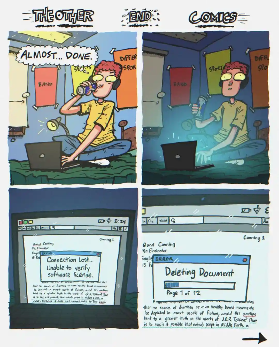 A two-panel comic shows a person working late on a laptop, thinking 'almost... done.' The second panel reveals the laptop…