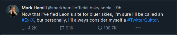 A screenshot of a tweet from Mark Hamill's Bluesky account, where he jokes about leaving Leon's site for 'bluer skies' and…