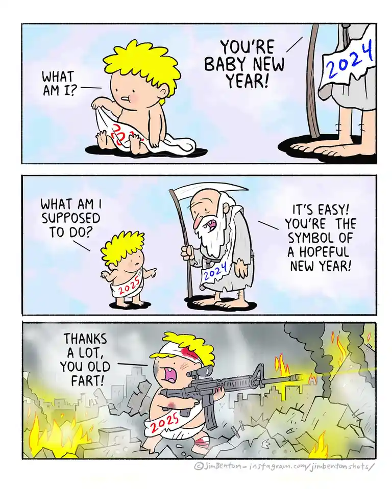 A three-panel comic shows a baby labeled '2025' being introduced to '2024' as 'Baby New Year.' The baby asks what to do, and…
