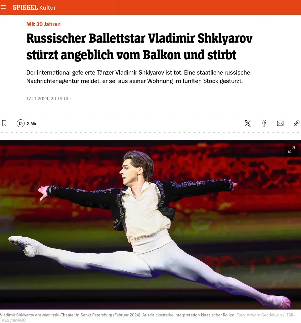 A screenshot of a German news article from SPIEGEL Kultur about Russian ballet star Vladimir Shklyarov's death, which…