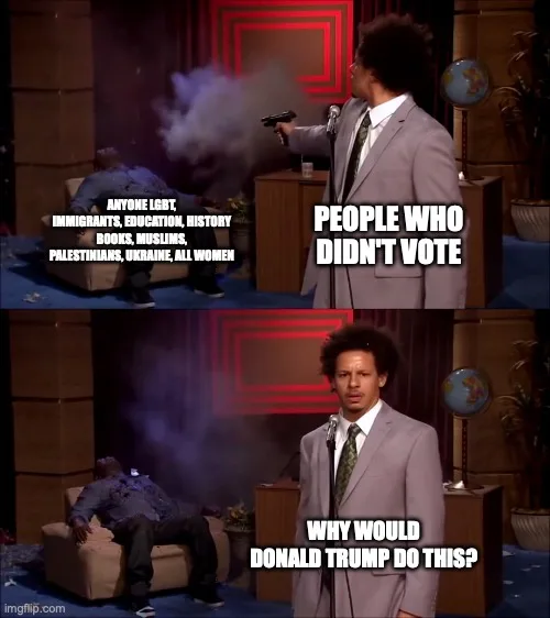 A two-panel image of comedian and actor Larry David on a talk show set. In the top panel, he holds a smoking gun pointed at…