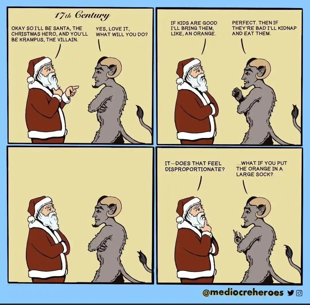 A four-panel comic strip set in the 17th century shows Santa and Krampus discussing their roles. Santa assigns Krampus the…