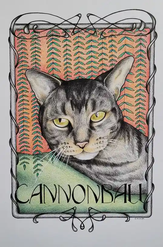 A detailed colored pencil drawing of a gray tabby cat with yellow eyes, framed in an ornate, vine-like border. The…