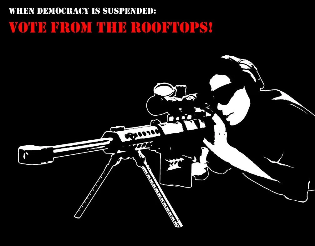 A black-and-white graphic shows a person in profile aiming a large, mounted sniper rifle. The text at the top reads 'WHEN…