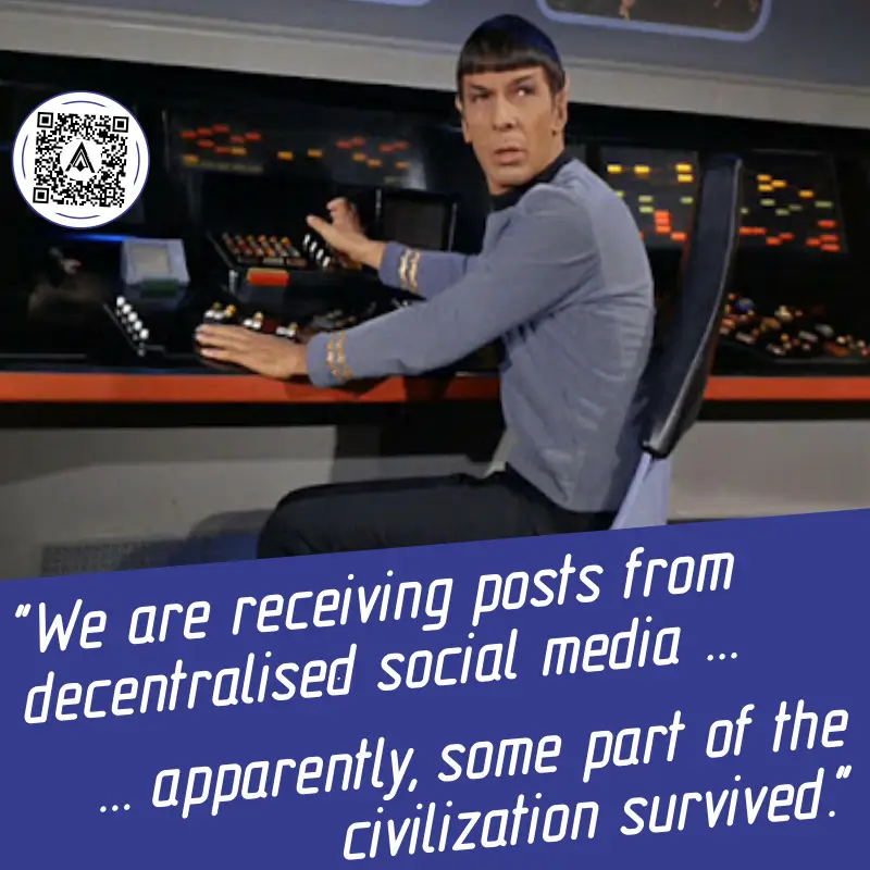 A still image of Spock from Star Trek, seated at a control console in a spaceship bridge, looking surprised. A blue banner…