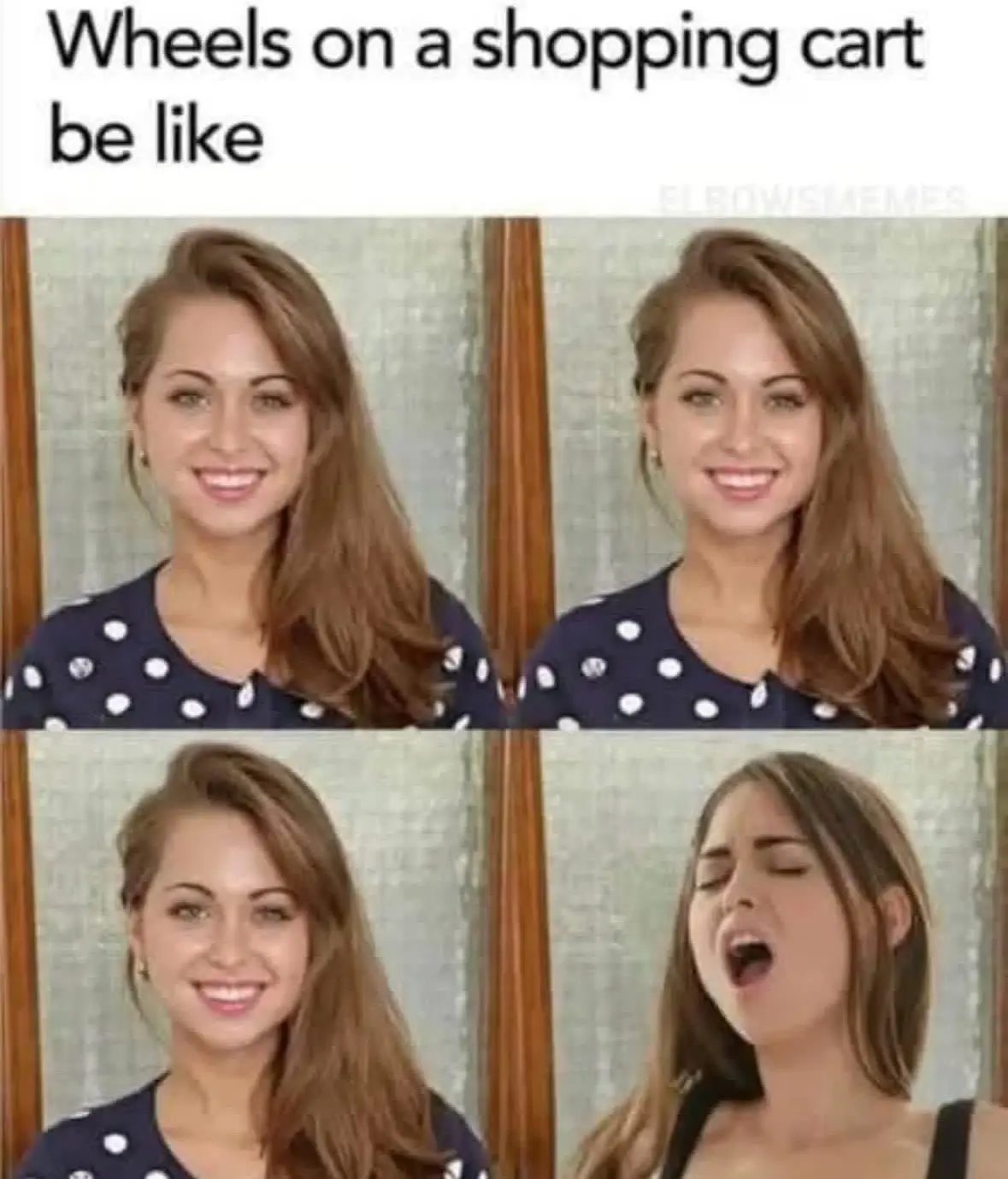 The image shows a woman in four panels: top-left and bottom-left show her smiling, while top-right and bottom-right show her…