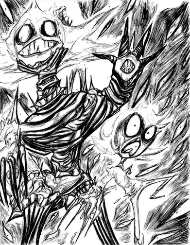 A black-and-white sketch depicts a grotesque, skeletal monster with multiple heads, one with a wide grin and another with a…
