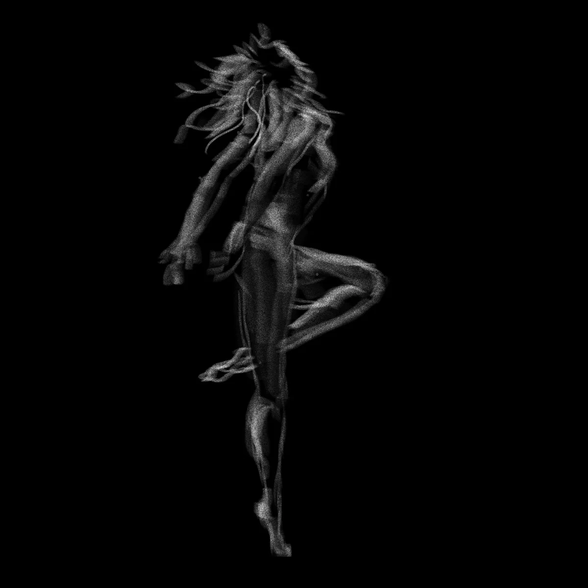 A grayscale, pixelated, glitchy humanoid figure with distorted limbs and hair, standing against a black background. The…
