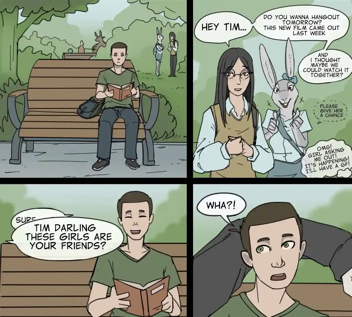 A four-panel comic shows a man reading on a park bench while two girls approach him. One girl asks him out to watch a movie…
