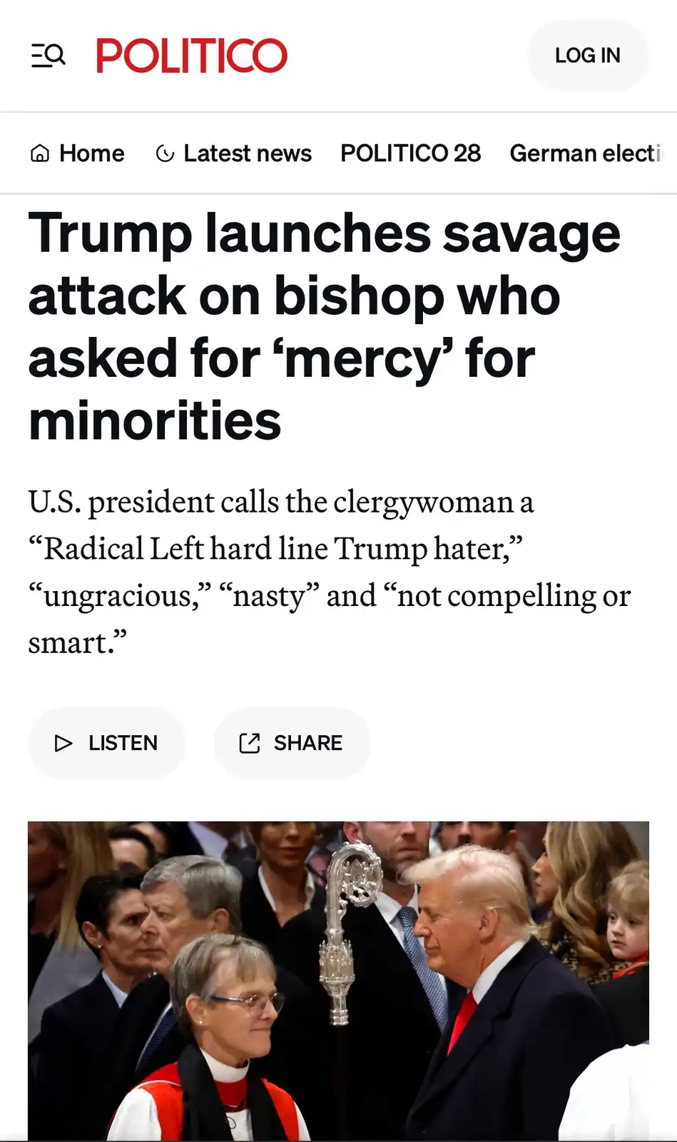 A screenshot of a Politico news article shows a photo of Donald Trump and a clergywoman, with the headline 'Trump launches…
