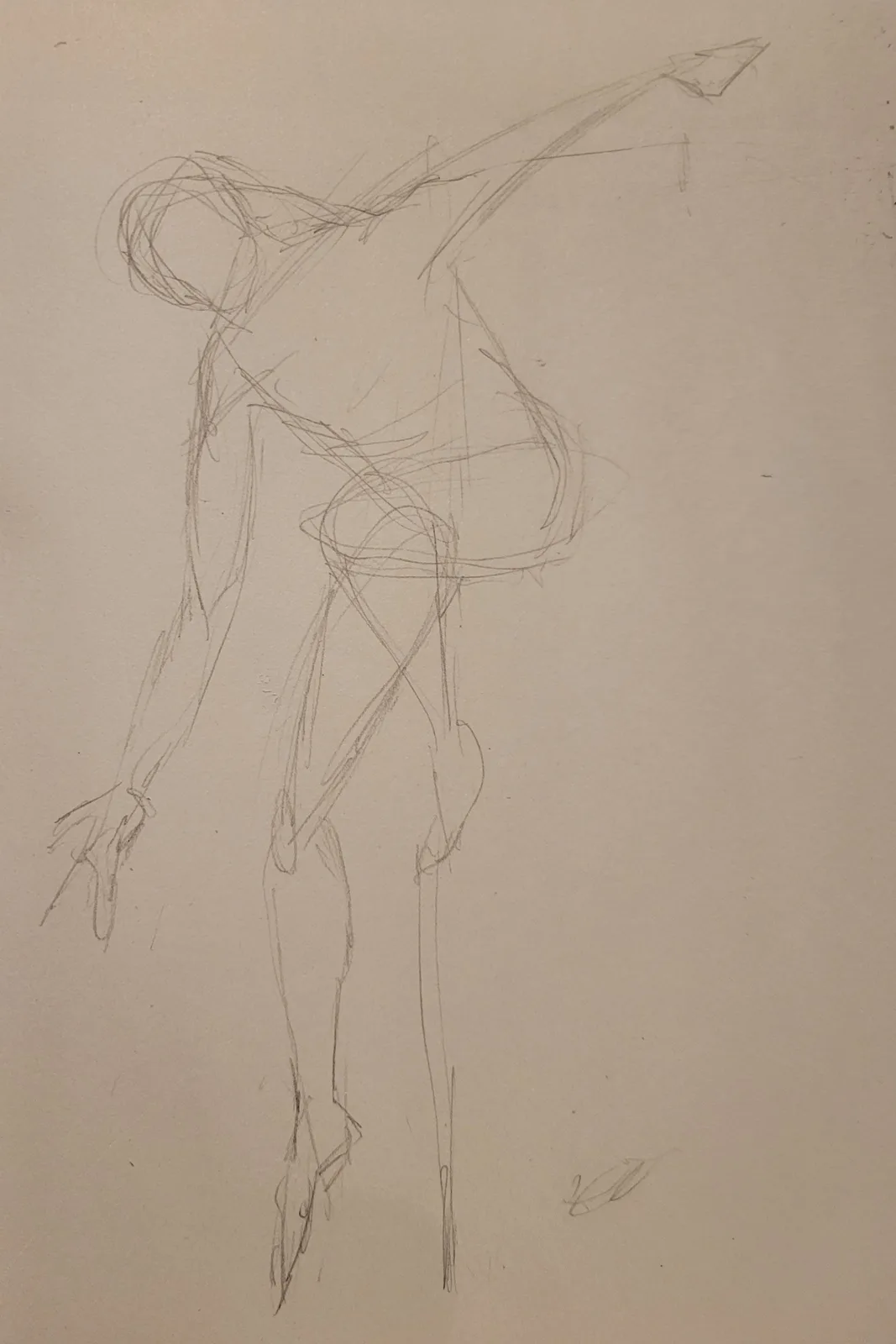 A rough pencil sketch on beige paper depicts a humanoid figure with exaggerated, tangled limbs and an abstract, messy torso…