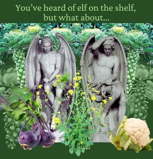 Two stone angel statues sit amidst a lush green background filled with vegetables like Brussels sprouts, cauliflower, and…