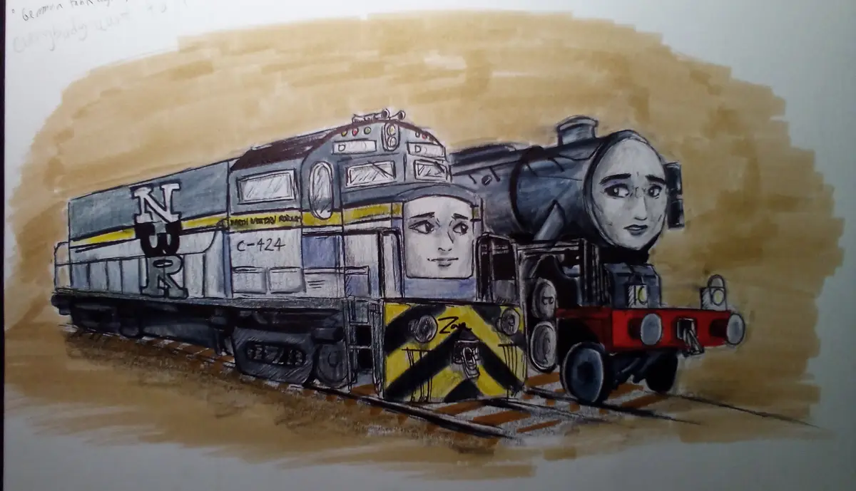 A hand-drawn illustration shows two anthropomorphic trains on tracks against a brown background. The train on the left is a…