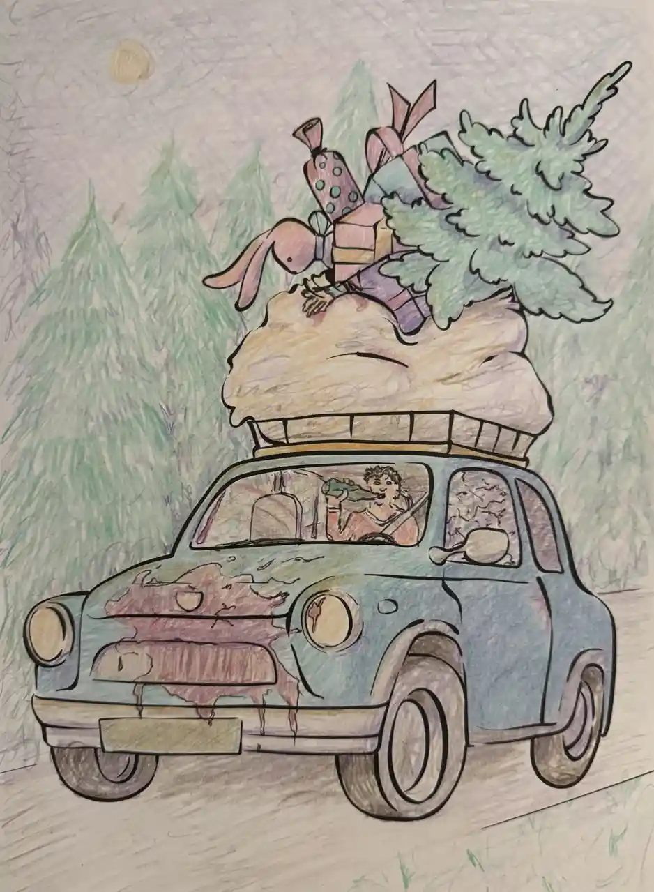A hand-drawn illustration shows a vintage, rusty blue car driving down a road through a forest, with a person in the…