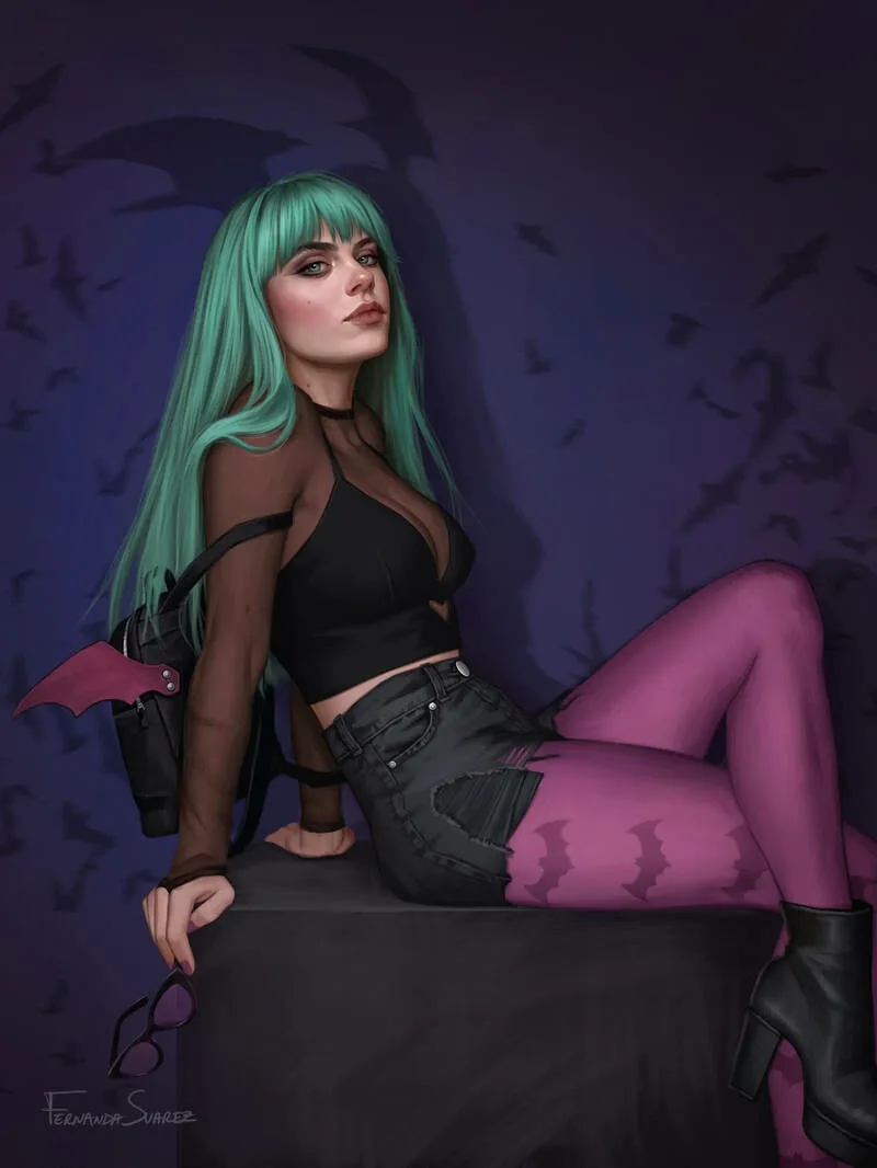 A digitally illustrated woman with long teal hair, wearing a black crop top, ripped jeans, and purple tights with bat…