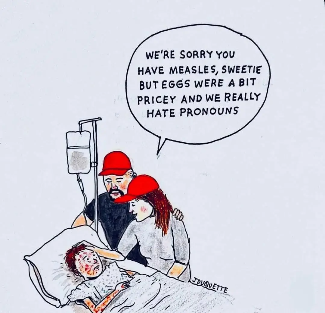 A hand-drawn cartoon depicts a sick child with measles lying in bed, flanked by two adults wearing red caps. An IV drip…