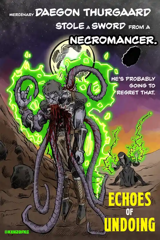 A cartoonish, muscular mercenary named Daegon Thurggaard, covered in blood and with multiple tentacles, stands defiantly…