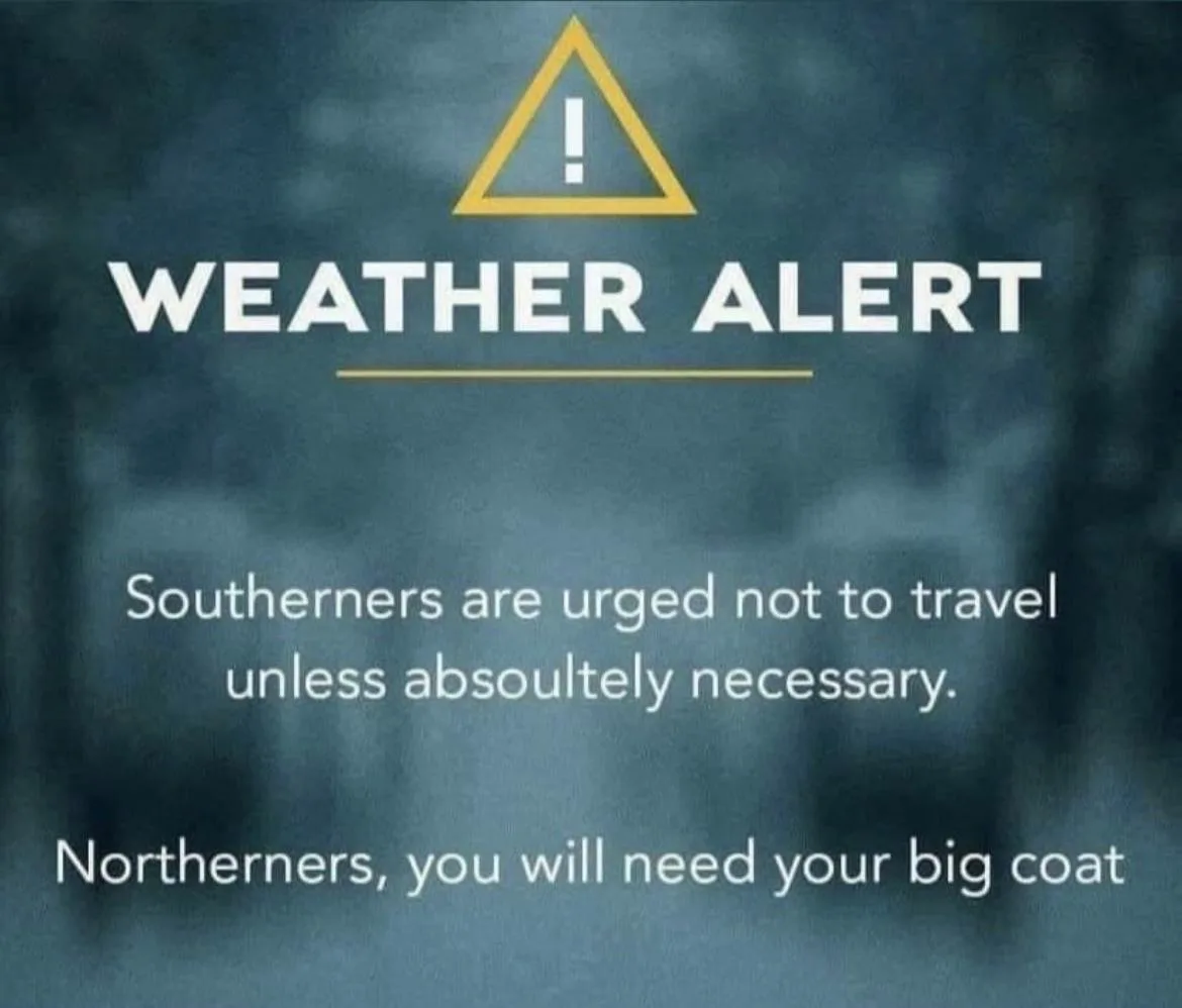 The image displays a weather alert graphic with a yellow warning triangle containing an exclamation mark. The text reads…