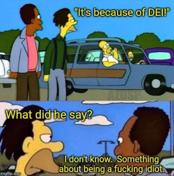 The top panel shows two men standing by a blue station wagon, with Homer Simpson in the driver's seat yelling 'It's because…