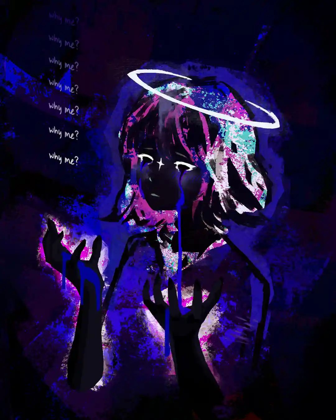 A stylized anime character with a white halo, dark face, and glowing eyes, crying blue tears while raising their hands…