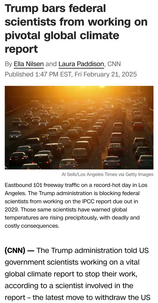 A screenshot of a CNN news article from February 21, 2025, featuring a photo of heavy traffic on a freeway during sunset…
